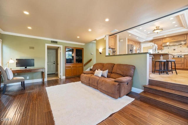 22671 Cheryl Way, Lake Forest, CA 92630 - living area featuring crown molding, recessed lighting, wood finished floors, and stairway