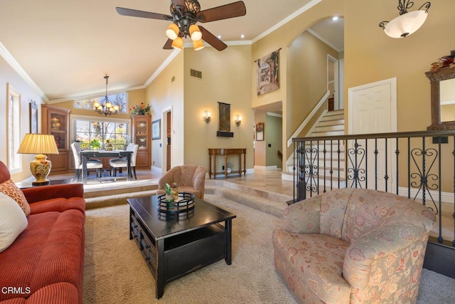 22671 Cheryl Way, Lake Forest, CA 92630 - living room featuring a chandelier, crown molding, a ceiling fan, stairway, and arched walkways