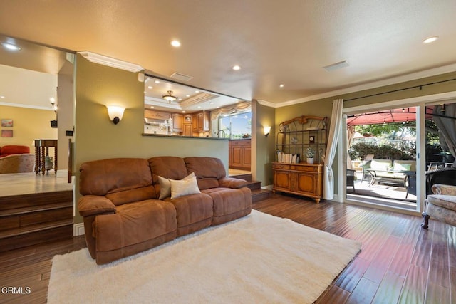 22671 Cheryl Way, Lake Forest, CA 92630 - living room with crown molding, recessed lighting, and dark wood-style flooring
