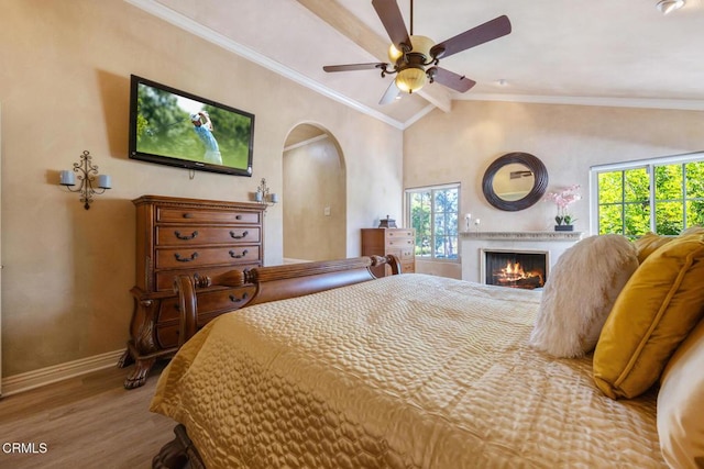 22671 Cheryl Way, Lake Forest, CA 92630 - bedroom featuring arched walkways, multiple windows, wood finished floors, vaulted ceiling, and a lit fireplace