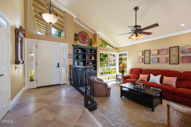 22671 Cheryl Way, Lake Forest, CA 92630 - living area with tile patterned floors, high vaulted ceiling, ornamental molding, and ceiling fan