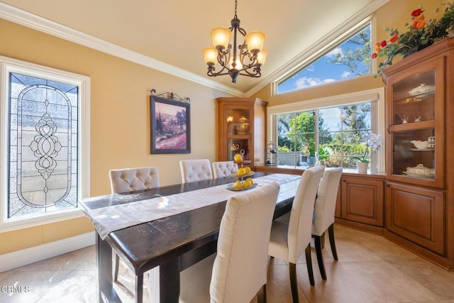 22671 Cheryl Way, Lake Forest, CA 92630 - dining area featuring a chandelier, ornamental molding, light tile patterned flooring, and high vaulted ceiling