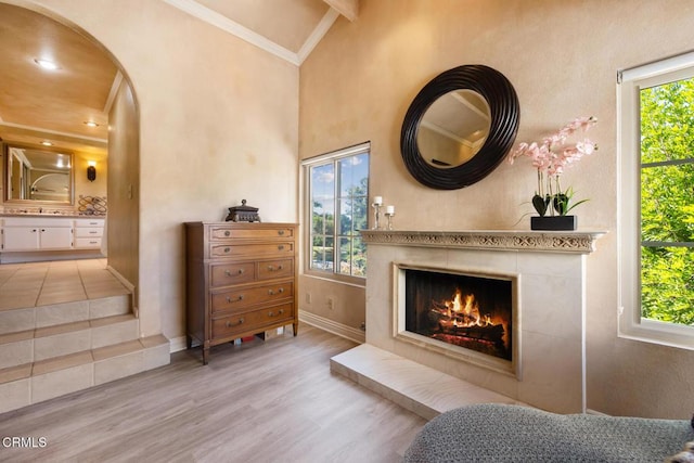 22671 Cheryl Way, Lake Forest, CA 92630 - detailed view of arched walkways, wood finished floors, a tiled fireplace, beamed ceiling, and crown molding