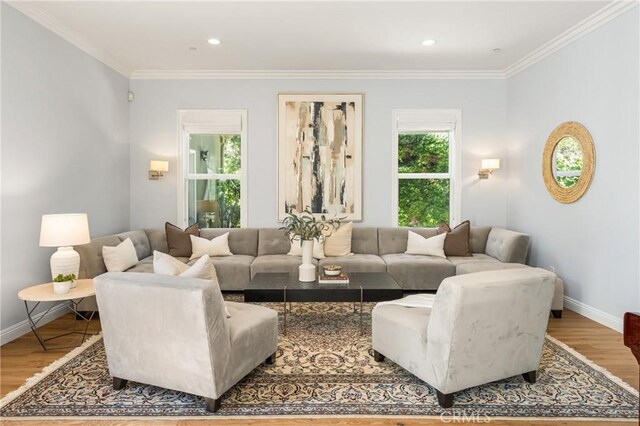 2107 Lemon Heights Dr, Santa Ana, CA 92705 - living area with crown molding, wood finished floors, baseboards, and recessed lighting