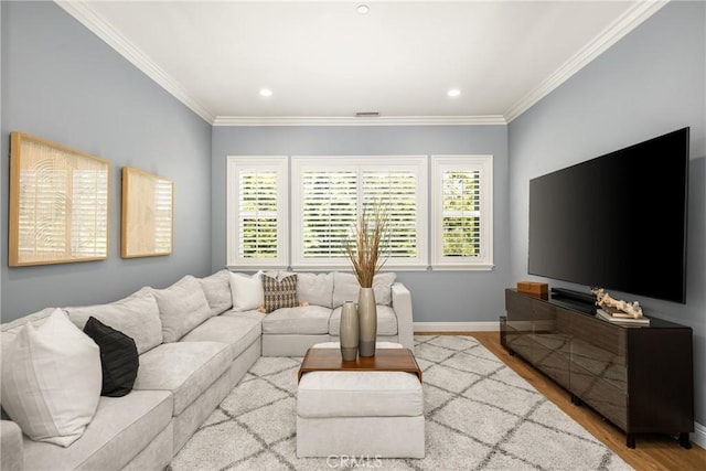2107 Lemon Heights Dr, Santa Ana, CA 92705 - living room with baseboards, recessed lighting, crown molding, visible vents, and wood finished floors
