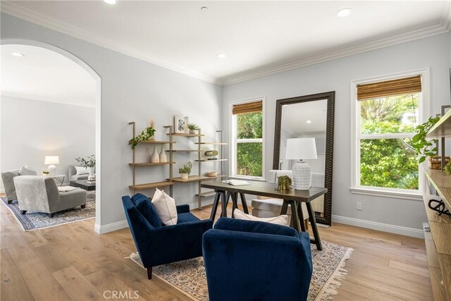 2107 Lemon Heights Dr, Santa Ana, CA 92705 - office featuring baseboards, arched walkways, light wood-style flooring, and a wealth of natural light