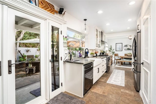 7612 Appleby, Huntington Beach, CA 92648 - kitchen featuring recessed lighting, stainless steel appliances, a sink, white cabinets, and glass insert cabinets