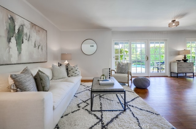 living room with crown molding and wood finished floors