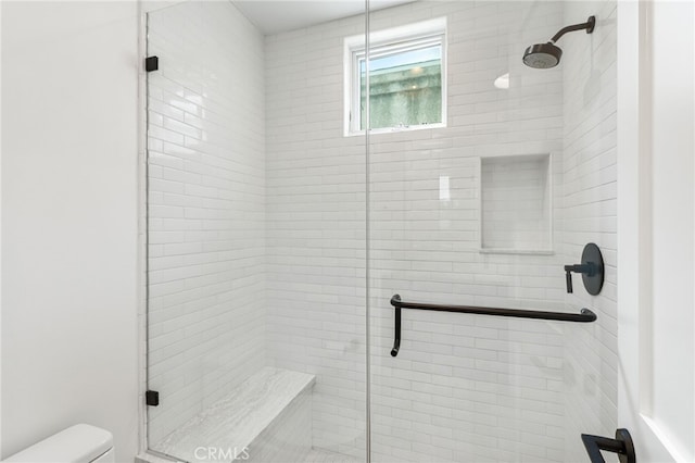 bathroom with a shower stall and toilet