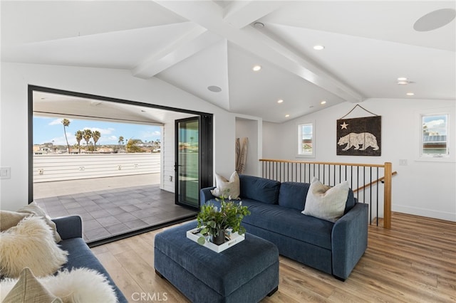 living room featuring recessed lighting, light wood-type flooring, baseboards, and lofted ceiling with beams