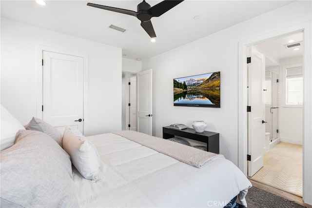 bedroom with recessed lighting, visible vents, and ceiling fan