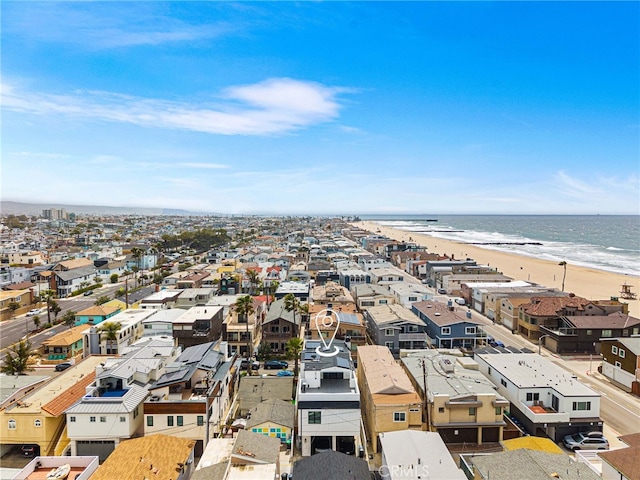 bird's eye view with a beach view, a residential view, and a water view