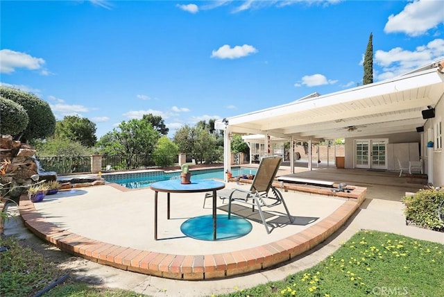 13771 De Garmo Ave, Rancho Cascades, CA 91342 - view of pool with french doors, a ceiling fan, a patio area, and fence