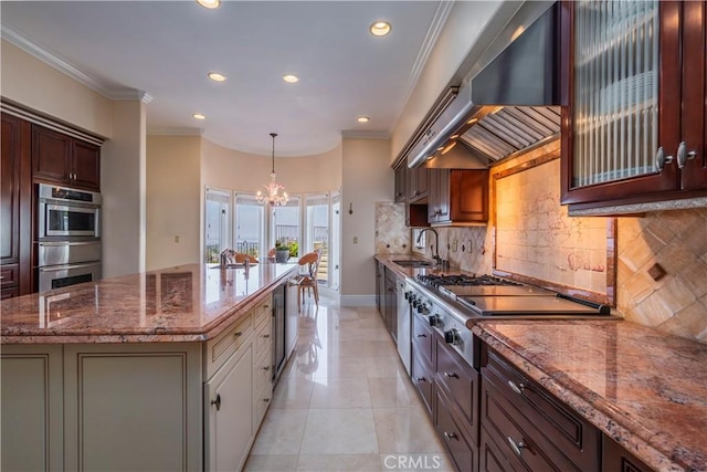 8113 Newcastle Dr, Whittier, CA 90605 - kitchen with recessed lighting, a sink, a chandelier, wall chimney exhaust hood, and a kitchen island