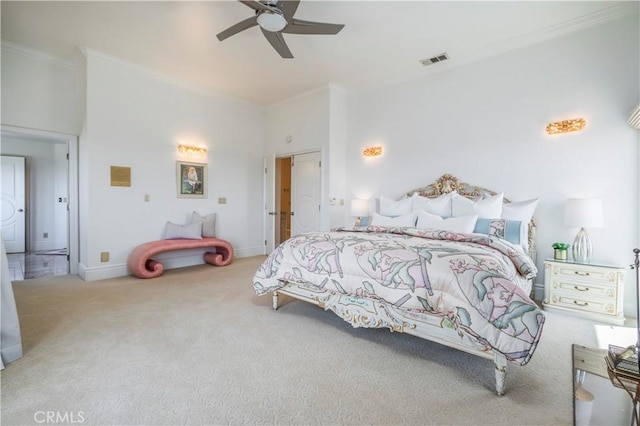 8113 Newcastle Dr, Whittier, CA 90605 - bedroom with ornamental molding, carpet flooring, baseboards, visible vents, and a ceiling fan