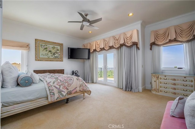 8113 Newcastle Dr, Whittier, CA 90605 - bedroom with recessed lighting, ornamental molding, access to outside, and carpet