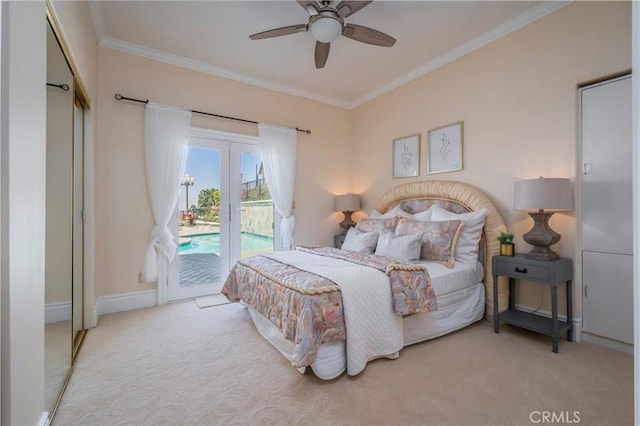 8113 Newcastle Dr, Whittier, CA 90605 - carpeted bedroom featuring french doors, access to exterior, ceiling fan, and ornamental molding