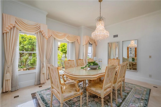 8113 Newcastle Dr, Whittier, CA 90605 - dining space featuring a chandelier, light tile patterned floors, visible vents, baseboards, and ornamental molding