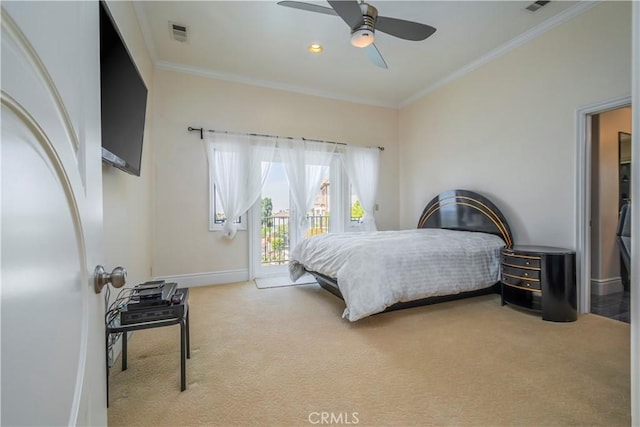 8113 Newcastle Dr, Whittier, CA 90605 - bedroom featuring crown molding, access to exterior, carpet flooring, and visible vents