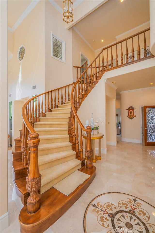 8113 Newcastle Dr, Whittier, CA 90605 - staircase with recessed lighting, a high ceiling, a notable chandelier, baseboards, and ornamental molding