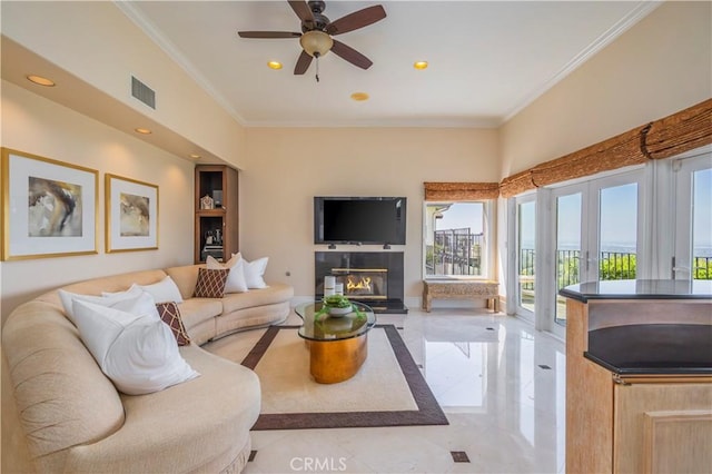 8113 Newcastle Dr, Whittier, CA 90605 - living room featuring crown molding, ceiling fan, visible vents, recessed lighting, and french doors
