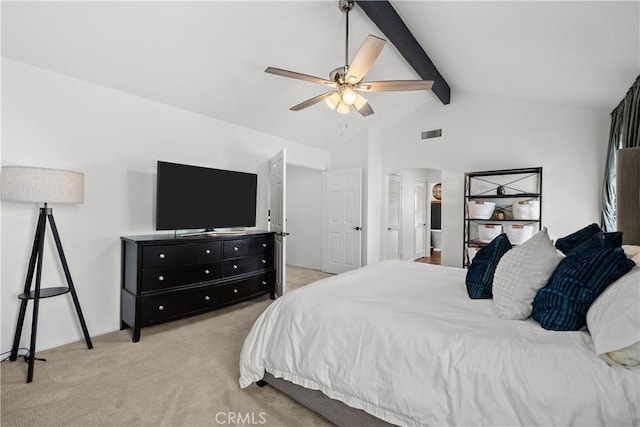 bedroom featuring visible vents, arched walkways, ceiling fan, vaulted ceiling with beams, and light colored carpet
