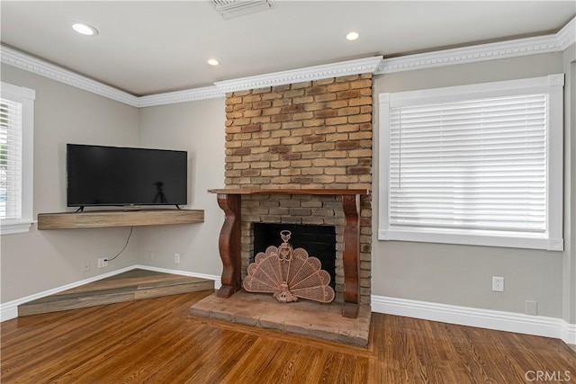 7451 Western Ave, Buena Park, CA 90620 - unfurnished living room with baseboards, recessed lighting, wood finished floors, a fireplace, and ornamental molding