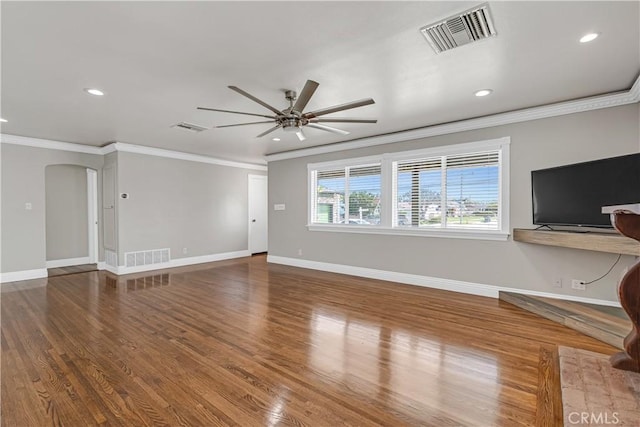 7451 Western Ave, Buena Park, CA 90620 - unfurnished living room featuring ceiling fan, arched walkways, ornamental molding, and visible vents