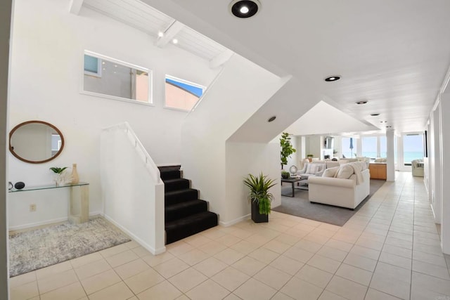 35321 Beach Rd, Dana Point, CA 92624 - living area with stairs, light tile patterned flooring, baseboards, visible vents, and recessed lighting