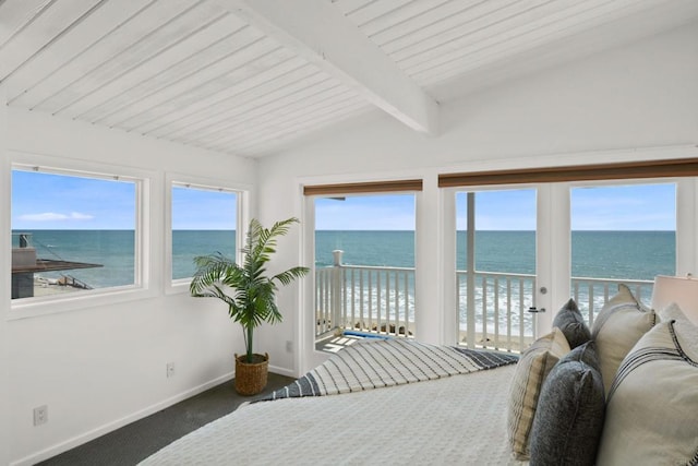 35321 Beach Rd, Dana Point, CA 92624 - carpeted bedroom with access to exterior, vaulted ceiling with beams, a water view, baseboards, and wood ceiling