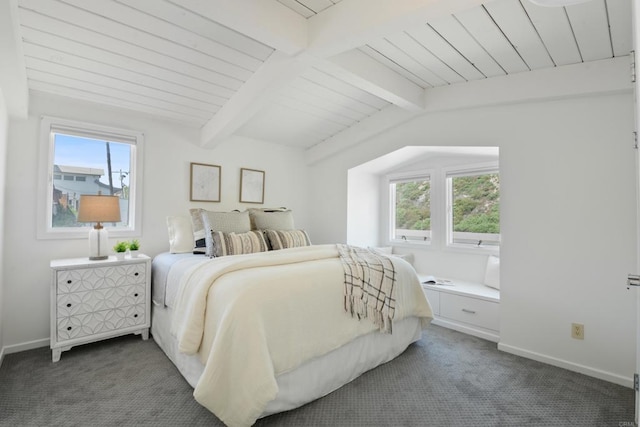 35321 Beach Rd, Dana Point, CA 92624 - bedroom featuring lofted ceiling with beams, dark colored carpet, baseboards, and wooden ceiling