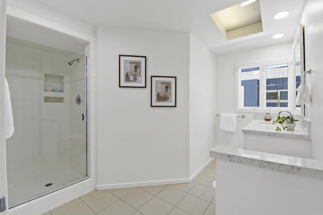 35321 Beach Rd, Dana Point, CA 92624 - bathroom featuring toilet, a stall shower, vanity, baseboards, and tile patterned flooring