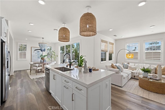 1730 Artemisia Ct, Carlsbad, CA 92011 - kitchen featuring a sink, dark wood-style floors, open floor plan, stainless steel appliances, and recessed lighting