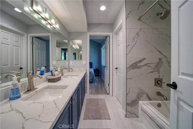 2318 Cranesbill Pl, Avila Beach, CA 93424 - ensuite bathroom with double vanity, a bath, a marble finish shower, and recessed lighting