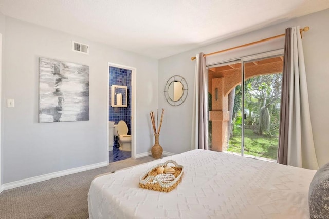 carpeted bedroom featuring visible vents, baseboards, and access to outside
