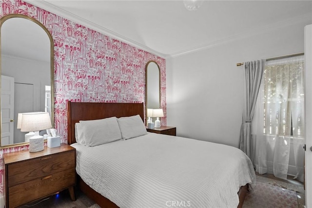 bedroom with arched walkways and ornamental molding
