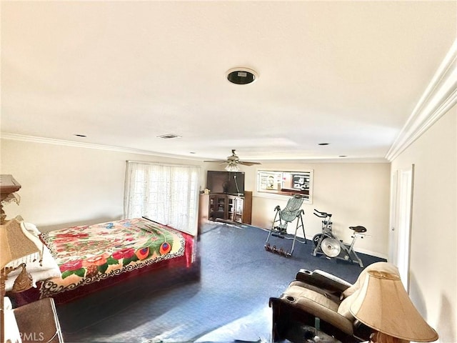 bedroom featuring visible vents and ornamental molding