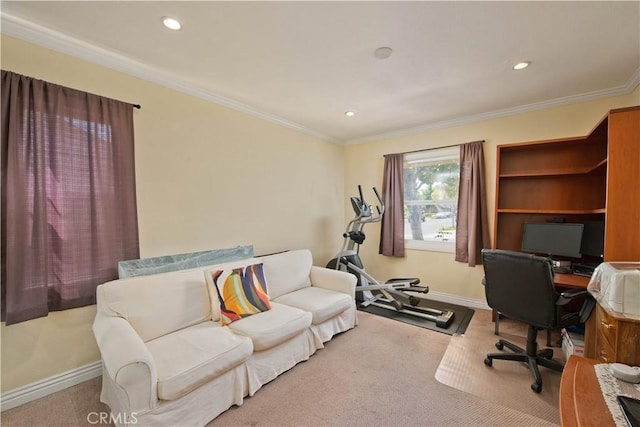 carpeted office with crown molding, baseboards, and recessed lighting