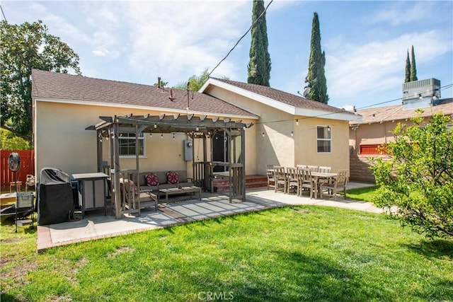rear view of house featuring central air condition unit, an outdoor living space, a pergola, a yard, and a patio area