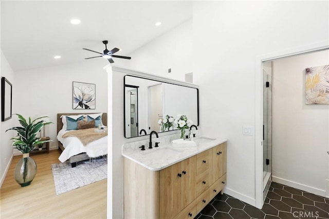 13538 Darvalle St, Cerritos, CA 90703 - ensuite bathroom with ceiling fan, lofted ceiling, a sink, and double vanity