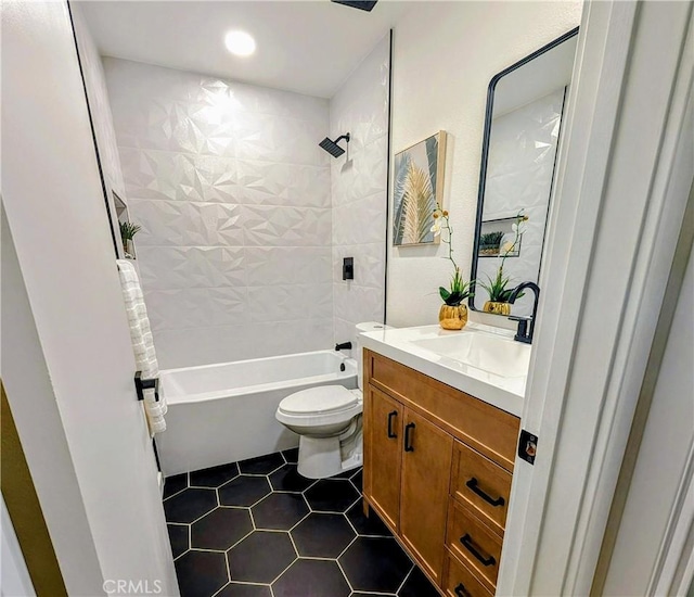 13538 Darvalle St, Cerritos, CA 90703 - full bathroom featuring tile patterned floors, bathing tub / shower combination, vanity, toilet, and recessed lighting