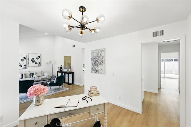 13538 Darvalle St, Cerritos, CA 90703 - office with vaulted ceiling, light wood-type flooring, baseboards, a notable chandelier, and visible vents