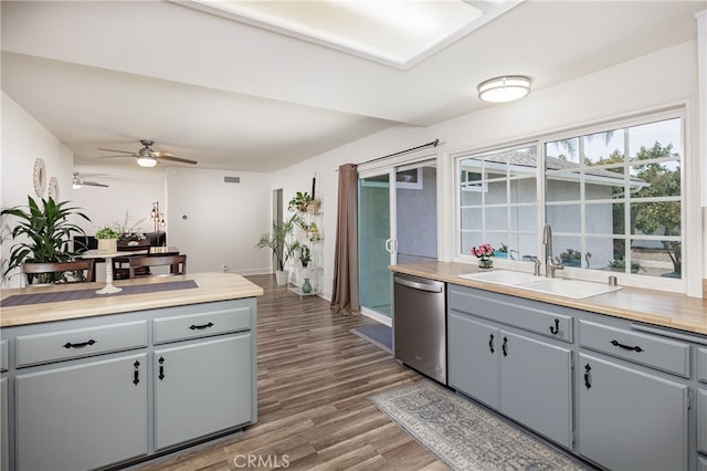 28861 Aloma Ave, Laguna Niguel, CA 92677 - kitchen with dark wood-style flooring, a ceiling fan, gray cabinetry, dishwasher, and a sink