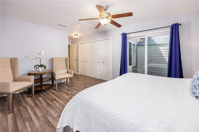 28861 Aloma Ave, Laguna Niguel, CA 92677 - bedroom featuring a closet, attic access, visible vents, ceiling fan, and wood finished floors