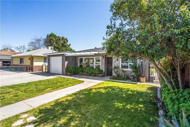 ranch-style house featuring stucco siding, fence, a front lawn, an attached garage, and concrete driveway