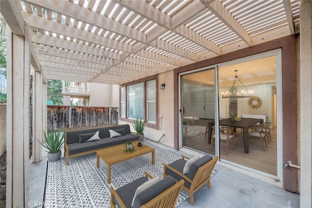 exterior space featuring outdoor lounge area and a pergola