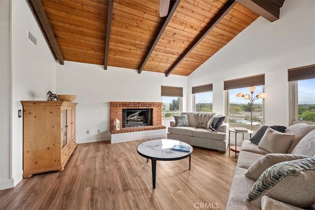 living room featuring high vaulted ceiling, visible vents, beamed ceiling, wood finished floors, and wood ceiling