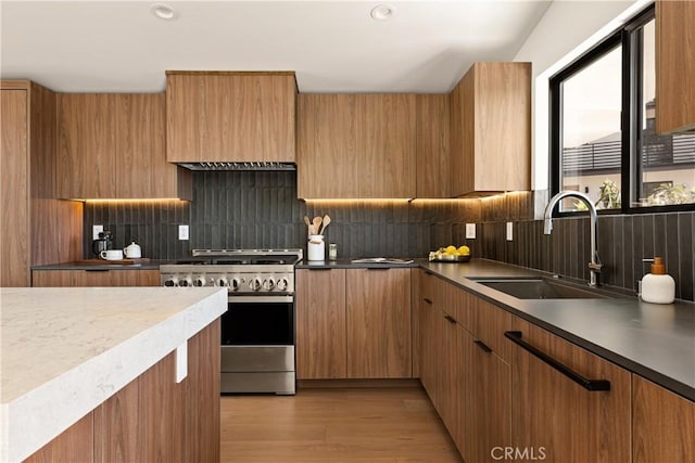 kitchen featuring light wood-style floors, modern cabinets, a sink, decorative backsplash, and stainless steel range