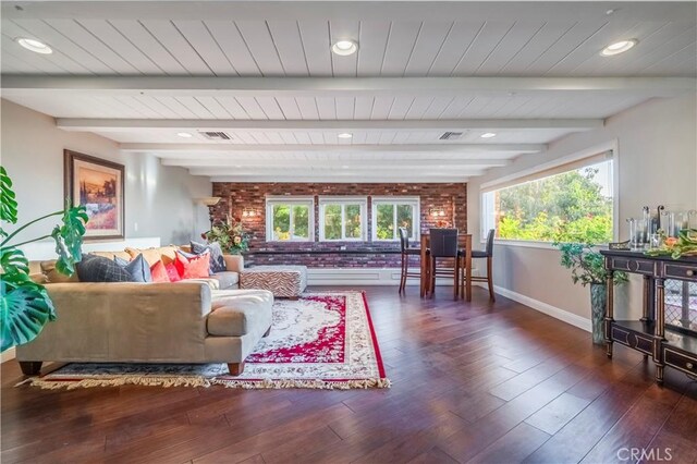 2333 N Coronet Ct, Covina, CA 91724 - living room featuring baseboards, wood finished floors, and wood ceiling with exposed beams