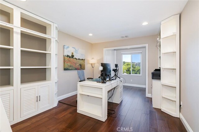 2333 N Coronet Ct, Covina, CA 91724 - office area featuring baseboards, dark wood finished floors, and recessed lighting